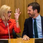 El presidente del PP, Pablo Casado, junto a Rosa Díez en el Congreso / Foto: Alberto R. Roldán
