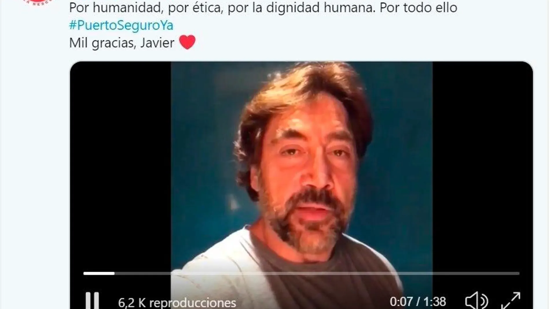 Javier Bardem pide a Pedro Sánchez que lidere en la UE un procedimiento de reparto de los rescatados por el Open Arms