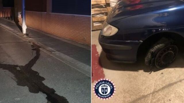 El coche accidentado y el rastro de aceite que fue dejando