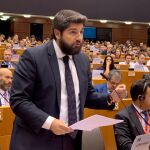 El presidente murciano, Fernando López Miras, durante su intervención en la sesión de apertura de la 17 Semana de Ciudades y Regiones de Europa