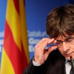 Carles Puigdemont durante la rueda de prensa que ha ofrecido hoy en Bruselas. Efe