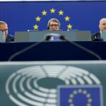 El italiano David-Maria Sassoli, habla tras ser elegido presidente del Parlamento Europeo. (AP Photo/Jean-Francois Badias)