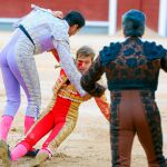 Javier Cortés recibió un derrote en el rostro que le provocó una lesión ocular. «Matorrito», del hierro de La Quinta, fue valorado por el jurado como el mejor toro de la tarde. Foto: Cristina Bejarano