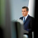 Pedro Sánchez, durante su intervención del martes en Moncloa, en la que reclamó una mayoría «más clara» el 10-N