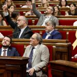 Quim Torra junto a varios diputados de la bancada independentista en el Parlament.