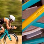 A la izquierda, Carlos López durante una competición. A la derecha, el cuadro roto de su bicicleta / Twitter