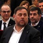 Oriol Junqueras junto al resto de imputados por el "procés", durante una jornada del juicio