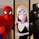 Miles Morales (Shameik Moore), Peter Parker (Jake Johnson), Spider-Gwen (Hailee Steinfeld), Spider-Man Noir (Nicolas Cage), Peni Parker (Kimiko Glenn) and Spider-Man (John Mulaney) in Columbia Pictures and Sony Pictures Animation's SPIDER-MAN: INTO THE SPIDER-VERSE.