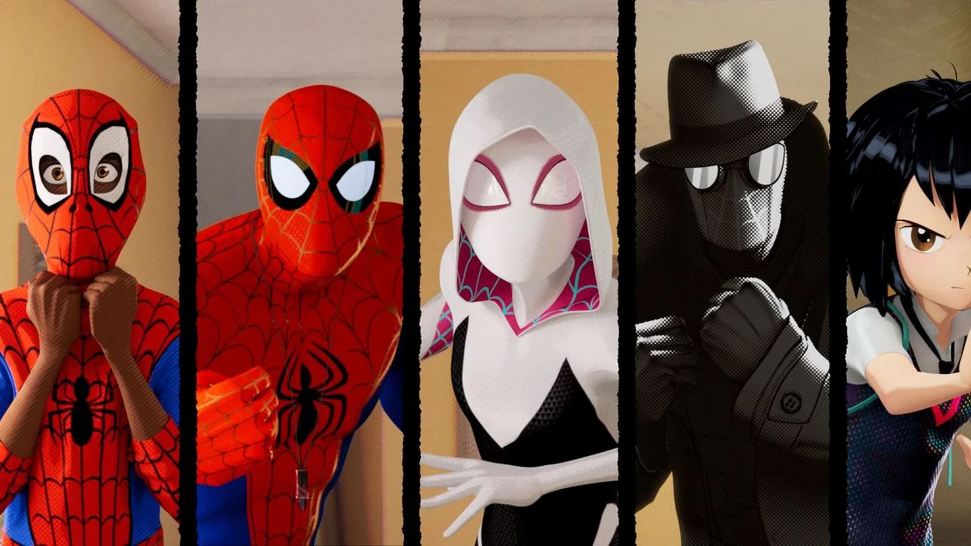 Miles Morales (Shameik Moore), Peter Parker (Jake Johnson), Spider-Gwen (Hailee Steinfeld), Spider-Man Noir (Nicolas Cage), Peni Parker (Kimiko Glenn) and Spider-Man (John Mulaney) in Columbia Pictures and Sony Pictures Animation's SPIDER-MAN: INTO THE SPIDER-VERSE.