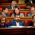 (I-D) La consellera de Justicia de la Generalitat, Ester Capella; el conseller de Trabajo, Asuntos Sociales y Familia, Chakir el Homrani y la consellera de Empresa y Conocimiento, Àngels Chacón en una sesión plenaria en el Parlament de Catalunya, celebrada una semana después de conocerse la sentencia del juicio del 'procés', en Barcelona (España), a 23 de octubre de 2019.,23 octubre 2019David Zorrakino / Europa Press23/10/2019
