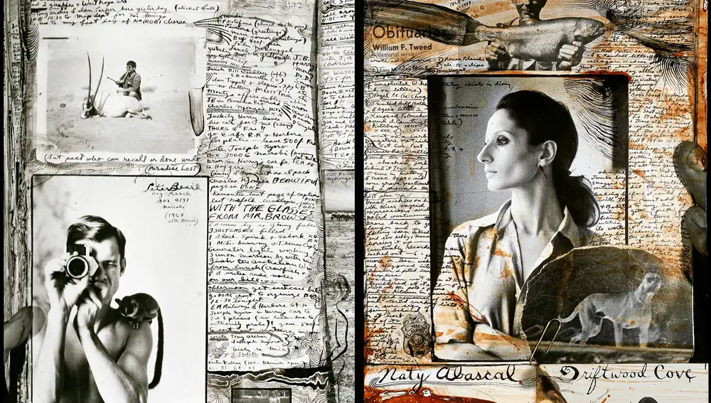 Un hoja del diario de Peter Beard con imágenes del fotógrafo y Naty Abascal