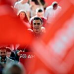 Pedro Sánchez, durante el mitin de esta mañana en Valencia
