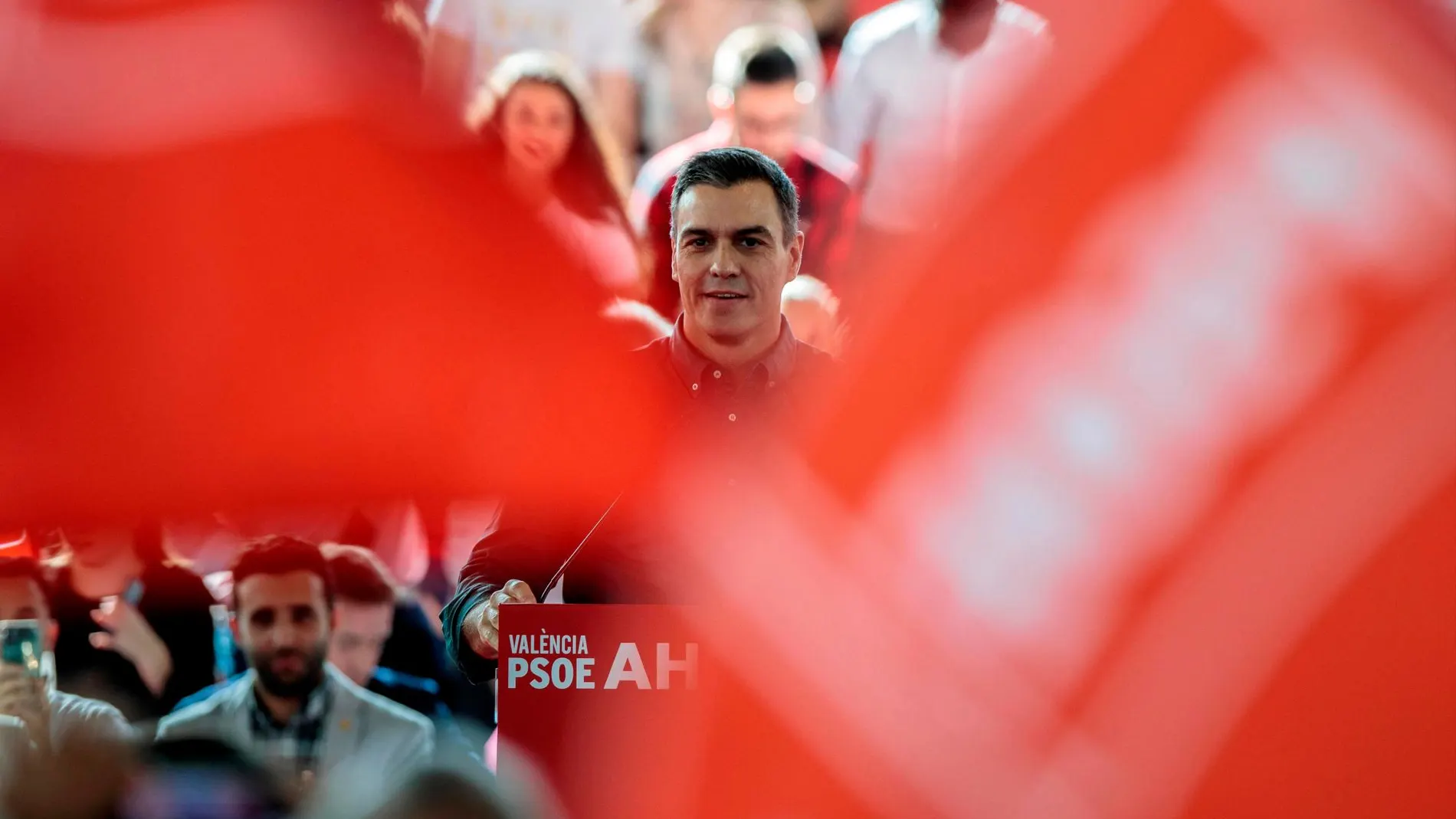 Pedro Sánchez, durante el mitin de esta mañana en Valencia