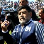 El director técnico de Gimnasia y Esgrima, el exfutbolista argentino Diego Maradona, festeja la victoria 3 a 0 de su equipo ante Aldosivi este domingo en un partido de la Superliga del fútbol argentino, en el estadio José María Minella, Mar del Plata (Argentina)