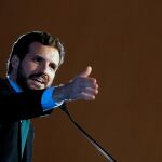 El líder del PP, Pablo Casado, interviene en el mitin central del PPCV que se celebra en el auditorio del Oceanográfico de Valencia.