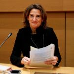 La ministra para la Transición Ecológica en funciones, Teresa Ribera, durante la rueda de prensa que ha ofrecido este martes en para informar sobre los preparativos de la Cumbre del Clima, COP25, que se desarrollará en Madrid entre el 2 y el 13 de diciembre
