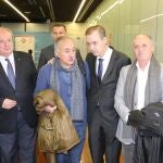 El secretario general de UGT, Pepe Álvarez, el secretario autonómico de UGT, Faustino Temprano, el presidente electo del CES, Enrique Cabero, y el consejero de Empleo e Industria, Germán Barrios, durante la inauguración de la jornada sobre el futuro del Corredor Atlántico