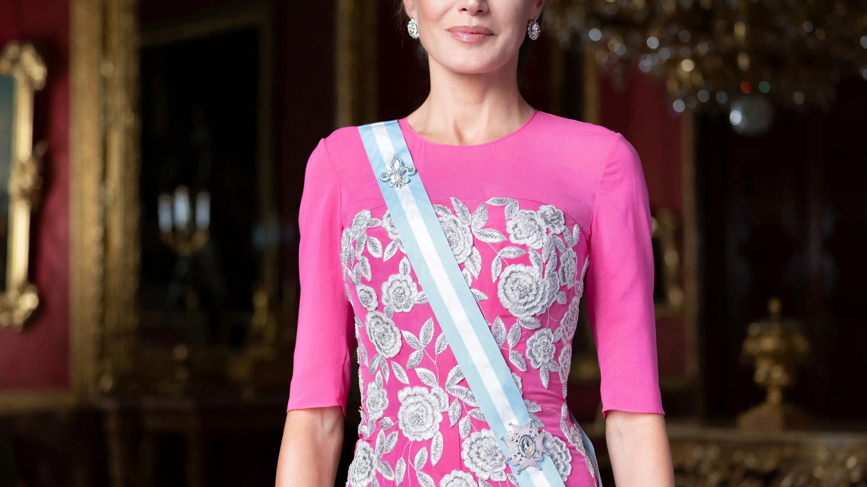 Fotografía facilitada por la Casa de S.M. el Rey del nuevo retrato oficial de la Reina Letizia de gala, realizado recientemente en el Palacio Real, por la retratista Estela de Castro. EFE/Casa de S.M. el Rey/Estela de Castro.