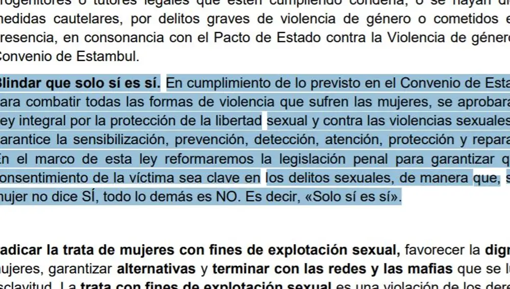 Apartado del pacto programático del PSOE y de Unidas Podemos en el que se recoge el compromiso de ambas formaciones para "blindar que sólo sí es sí" en los delitos sexuales a través de una ley integral por la protección de la libertad sexual y contra las violencias sexuales