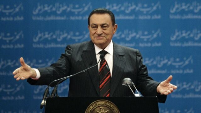 FILE - In this Nov. 1, 2008 file photo, Egyptian President Hosni Mubarak delivers a speech at the first day of the 5th annual convention of the ruling National Democratic Party in Cairo, Egypt. Egypt's state TV said Tuesday, Feb. 25, 2020, that the country's former President Hosni Mubarak, ousted in the 2011 Arab Spring uprising, has died at 91. Mubarak, who was in power for almost three decades, was forced to resign on Feb. 11, 2011, after following 18 days of protests around the country. The Arab Spring uprisings had convulsed autocratic regimes across the Middle East. (AP Photo/Nasser Nasser, File)