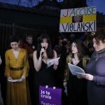 February 28, 2020 - Paris, France : Demonstrations of Women's rights activists near Salle Pleyel site of the Cesars Night Gala. Women's rights activists have called for a boycott of the Cesars film awards ceremony, and plastered anti-Roman Polanski banners and graffiti at the event venue and the Cesar academy headquarters. Polanski is skipping the ceremony where his latest movie leads this year's nominations, because of protests prompted by a new rape accusation against him. The protest was also aimed at French director Luc Besson and American media mogul Harvey Weinstein. (Henri Szwarc/Contacto)28/02/2020 ONLY FOR USE IN SPAIN