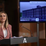 La consejera de Fomento, Marifrán Carazo, durante su intevención tras la rueda de prensa posterior al Consejo de Gobierno