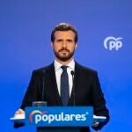 El presidente del PP, Pablo Casado, en una rueda de prensa en Génova.DAVID MUDARRA12/03/2020