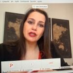 La líder de Cs, Inés Arrimadas, durante la rueda de prensa virtual