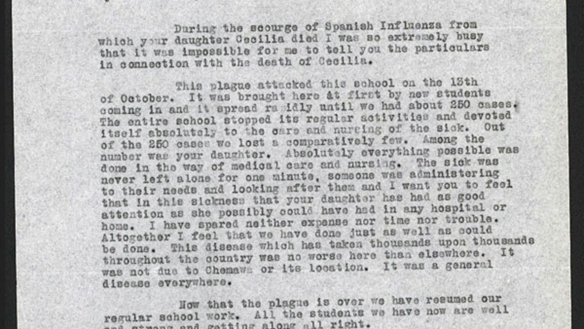 Una carta de condolencia a causa de una muerte por la gripe española