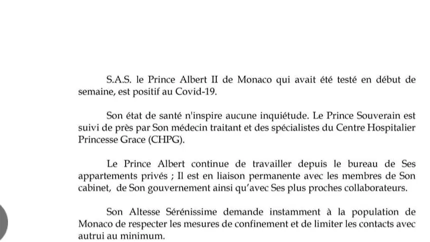El Principado de Mónaco comunica que Alberto I ha dado positivo en Coronavirus