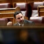 GRAF1495. MADRID, 25/03/2020.- El líder de Vox, Santiago Abascal, durante el pleno celebrado este miércoles en el Congreso de los Diputados en Madrid. Además de la convalidación de los decretos económicos para paliar las consecuencias sociales de la pandemia del coronavirus, el Congreso debate la prórroga del estado de alarma hasta el próximo 11 de abril. EFE/Mariscal POOL
