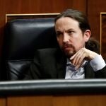 El vicepresidente de Derechos Sociales del Gobierno y líder de Podemos, Pablo Iglesias, durante el pleno del Congreso