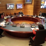 El presidente del Gobierno, Pedro Sánchez (de espaldas), preside el Consejo de Ministros Extraordinario celebrado en Moncloa un día después de ser aprobada en el Congreso de los Diputados la prórroga del estado de alarma decretado a consecuencia del coronavirus hasta el próximo 26 de abril. En Madrid (España), a 11 de abril de 2020.