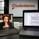 Inés Arrimadas durante la rueda de prensa telemática anunciado el documento enviado al Ejecutivo