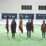 La presidenta de la Comunidad de Madrid, Isabel Díaz Ayuso, el alcalde de Madrid, Jose Luis Martínez Almeida, y la ministra de Defensa, Margarita Robles, en el acto de clausura de la morgue improvisada instalada en el Palacio de Hielo por la crisis del Covid-19 abierta el mes de marzo para descongestionar a la funeraria municipal ante el número elevado de fallecimientos por el virus y para poder dar un trato digno y adecuado a las víctimas. En Madrid, (España), a 22 de abril de 2020.22 ABRIL 2020;EPIDEMIA;PANDEMIA;COVID-19;PALACIO DE HIELO;MORGUE;EUROPA PRESS/E. Parra. POOL / Europa Press22/04/2020