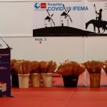 Una mujer lee un pasaje de El Quijote en el hospital de campaña provisional instalado en Ifema este jueves 23 de abril, Día del libro junto a cubos que contienen rosas y claveles que se entregarán a pacientes y sanitarios. EFE/Mariscal