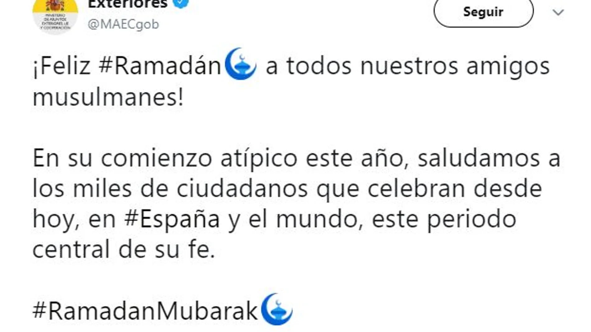 Mensaje del Ministerio de Asuntos Exteriores felicitando el Ramadán