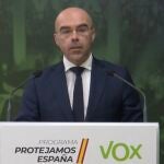 Jorge Buxadé en la sede del partido en rueda de prensa telemática