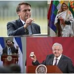 AME6335. BOGOTÁ (COLOMBIA), 28/04/2020.- Combo de fotografías de archivo que muestra a los presidentes de Brasil, Jair Bolsonaro; de Bolivia, Jeanine Añez; de El Salvador, Nayib Bukele, y de México, Andrés Manuel López Obrador. ¡Vade retro, Satanás! Ese parece ser el grito que usan algunos dirigentes latinoamericanos para enfrentarse contra el COVID-19. Usar la fe religiosa contra el virus es una estrategia muy común para distraer las responsabilidades propias de gobierno y encontrar así el consuelo espiritual frente a los contagios terrenales por la pandemia. Dirigentes de Brasil, Bolivia, Nicaragua, El Salvador e, incluso, México, han desviado en algunos casos la atención sobre el problema sanitario y han apelado al liderazgo divino para fortalecer su posición dirigente frente a un nuevo “apocalipsis” con forma de corona y con apellido virus. EFE/ Archivo