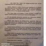 Carta del director de la cárcel de Algeciras a los funcionarios