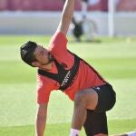 Fotografía facilitada por el Sevilla FC del jugador Manuel Agudo "Nolito" durante el entrenamiento realizado hoy viernes en la ciudad deportiva del club después de los controles médicos y tests por el coronavirus realizados y en una sesión de entrenamientos individuales programada para el retorno a la actividad en el césped después de casi dos meses de ejercicios en casa. EFE/
