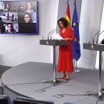 Madrid (Spain), 10/05/2020.- Government TV channel frame that shows Health minister Savador Illa (R) and Treasury minister Maria Jesus Montero (L) during a press conference after the meeting among central government and regional governments La Moncloa Palace, in Madrid, Spain, 10 May 2020. Spain faces a de-escalation process amid several weeks of is a lockdown to avoid the spreading of pandemic of the COVID-19 disease caused by the SARS-CoV-2 coronavirus. (España) EFE/EPA/- HANDOUT EDITORIAL USE ONLY/NO SALES