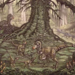 Una recreación de un grupo familiar de Utahraptor, en la que uno de los progenitores parece bastante pendiente de las crías. Puesto que las aves suelen cuidar de sus crías al menos durante un tiempo, es probable que los dinosaurios hicieran algo similar. Pero esos cuidados pudieron ser muy cercanos e incluir cierta “educación” en las estrategias de caza, como hacen los lobos, o ser mucho más laxos y limitarse a ahuyentar a los depredadores, como hacen las avestruces.