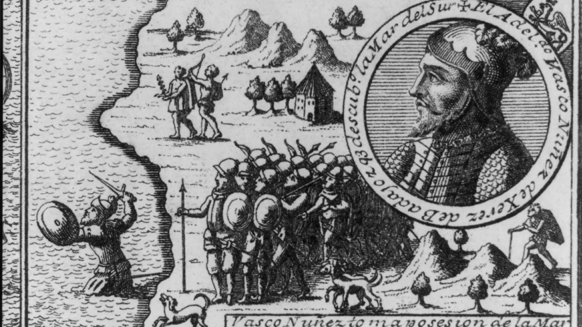 Grabado que muestra a Vasco Núñez de Balboa tomando posesión de las tierras del Pacífico según un grabado de la Biblioteca del Congreso de EE UU