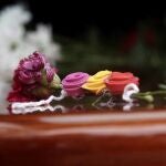 Detalle del féretro con los restos mortales de Julio Anguita, adornado con tres flores del color de la bandera republicana