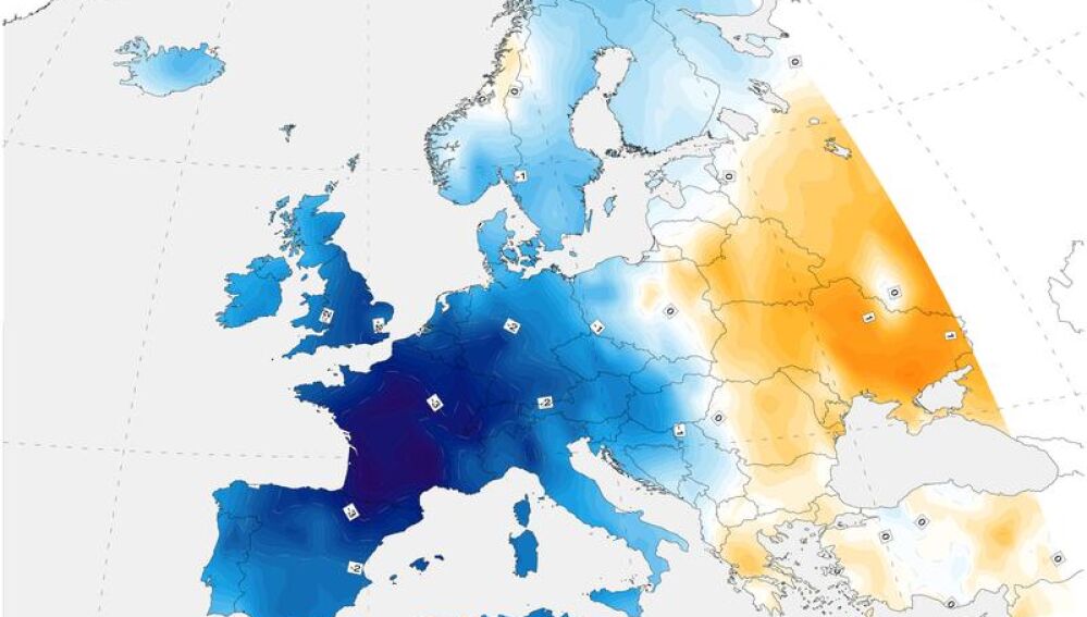 Mapa mostrando las temperaturas del verano de 1816 comparadas con las temperaturas medias entre los años 1971 y 2000.