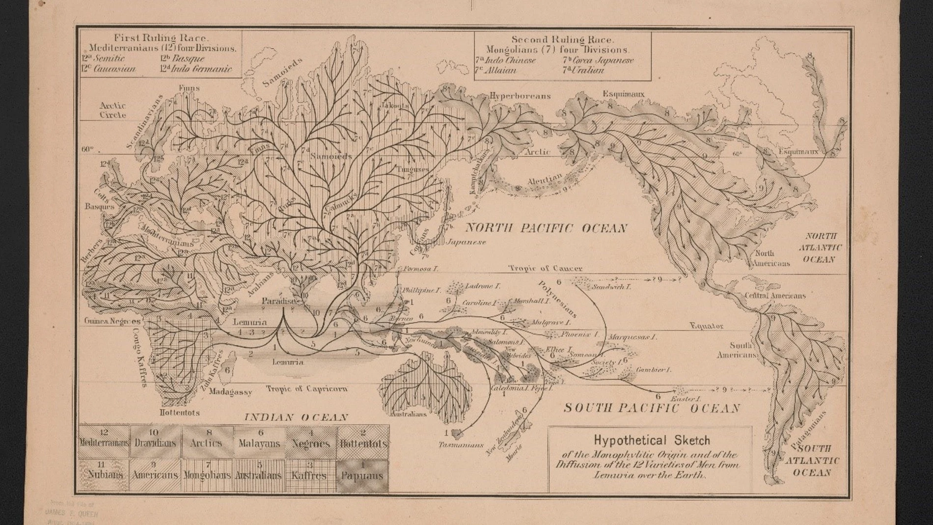 Mapa de 1876 indicando la radiación de la especie humana en las 12 variedades que por aquel entonces creían que existían. Todos surgían de Lemuria.