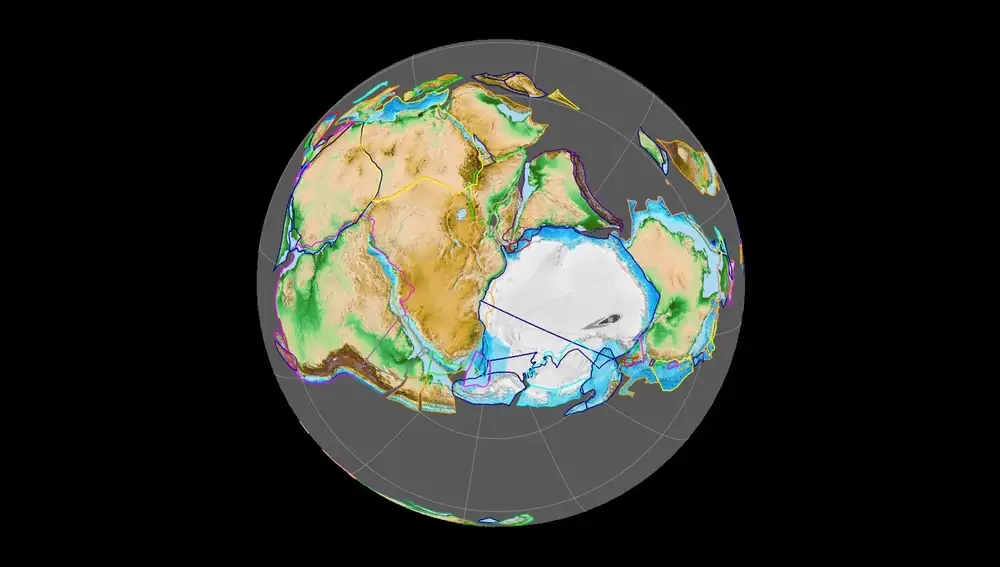 Representación de Gondwana hace 420 millones de años.