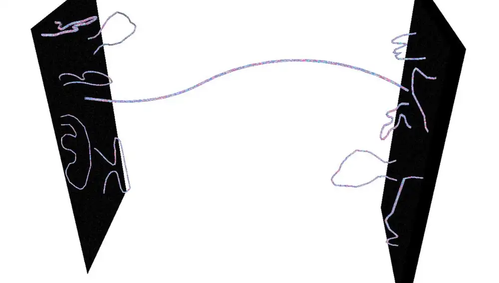 Representación esquemática de dos branas, con sus partículas asociadas. Las branas aparecen como superficies planas, y sobre ellas están ancladas algunas cuerdas, que representan a las partículas que sólo pueden vivir en esa brana. Otras partículas, en cambio, pueden navegar por el espacio que separa a las dos branas.