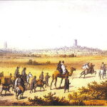 Grabado que representa a mercaderes berberes entrando en Tombuctú sobre 1300.